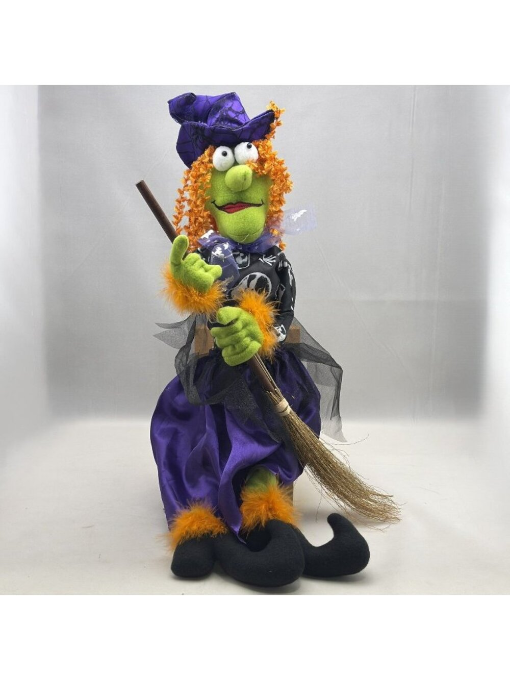 Halloween Witch Shelf Sitter Doll 24" Plush Broomstick Purple Green Figurine